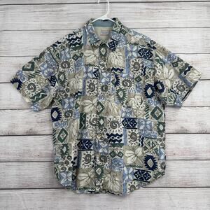 Vintage Y2K Bugle Boy Company Short Sleeve Button Down Shirt Mens L Tan Blue‎
